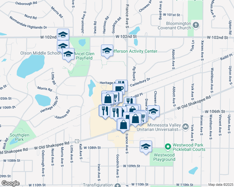 map of restaurants, bars, coffee shops, grocery stores, and more near 3909 Heritage Hills Drive in Bloomington