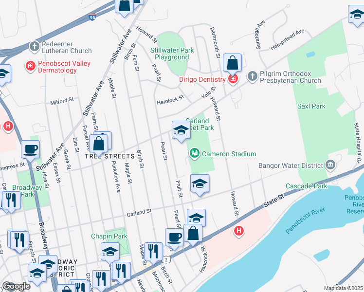 map of restaurants, bars, coffee shops, grocery stores, and more near 175 Fruit Street in Bangor