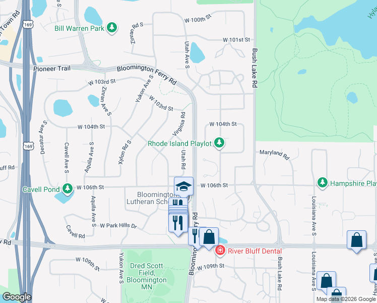 map of restaurants, bars, coffee shops, grocery stores, and more near 10425 Utah Road in Minneapolis