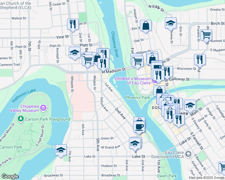 map of restaurants, bars, coffee shops, grocery stores, and more near 1219 1st Avenue in Eau Claire