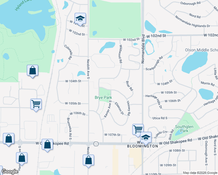 map of restaurants, bars, coffee shops, grocery stores, and more near 10441 Vessey Road in Bloomington