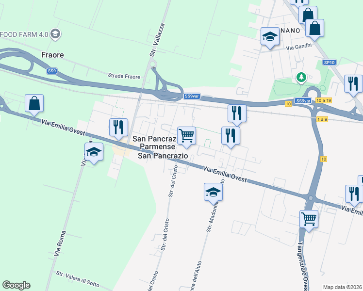 map of restaurants, bars, coffee shops, grocery stores, and more near 25 Via Bruno Buozzi in Parma