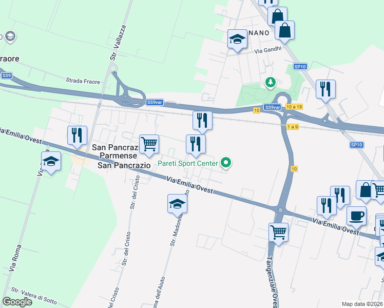 map of restaurants, bars, coffee shops, grocery stores, and more near 1 Enrico Bertoluzzi in Parma