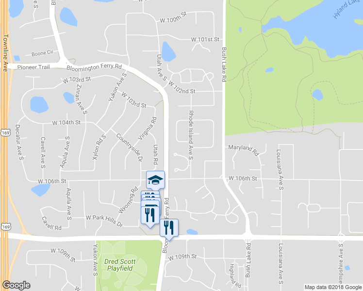map of restaurants, bars, coffee shops, grocery stores, and more near 7509 West 105th Street in Minneapolis