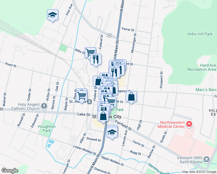 map of restaurants, bars, coffee shops, grocery stores, and more near 100 North Main Street in Saint Albans City