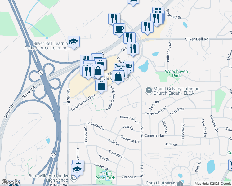 map of restaurants, bars, coffee shops, grocery stores, and more near 2114 Cedar Grove Trail in Eagan