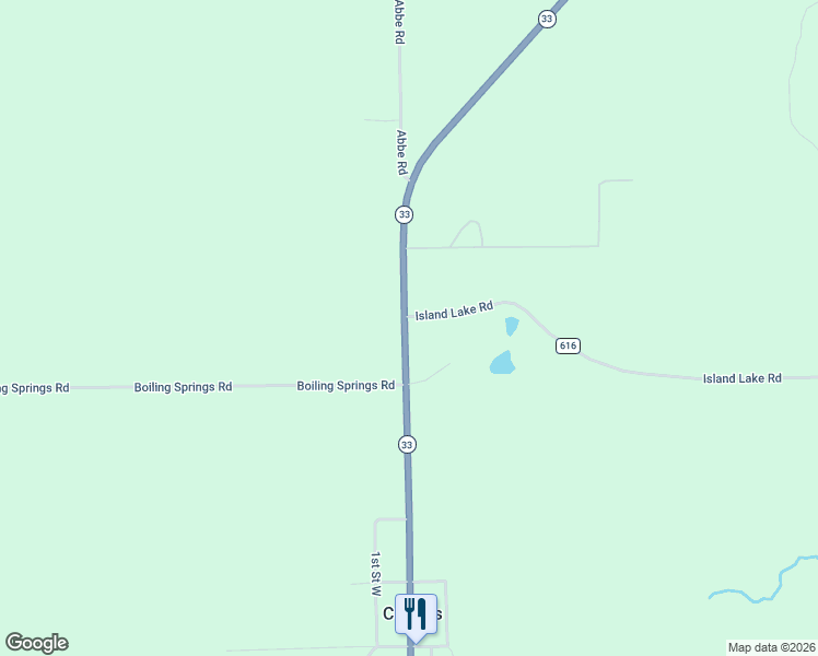 map of restaurants, bars, coffee shops, grocery stores, and more near 2030 Island Lake Road in Comins