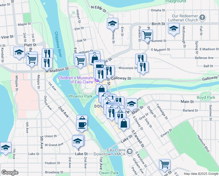 map of restaurants, bars, coffee shops, grocery stores, and more near 8 South Farwell Street in Eau Claire