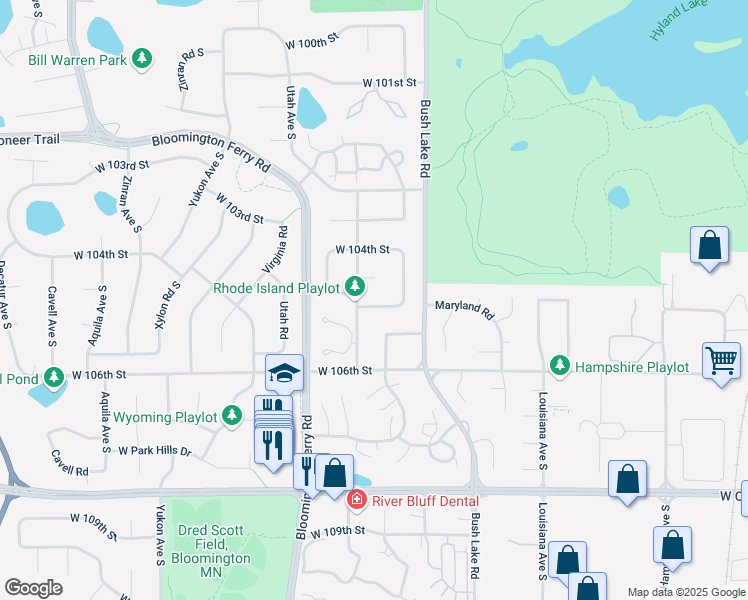 map of restaurants, bars, coffee shops, grocery stores, and more near 7424 West 105th Street in Minneapolis