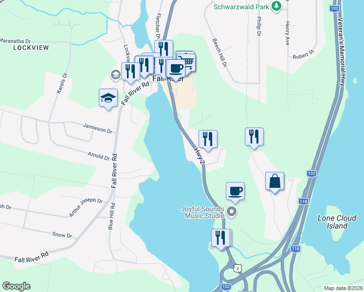 map of restaurants, bars, coffee shops, grocery stores, and more near 3195 Nova Scotia 2 in Fall River