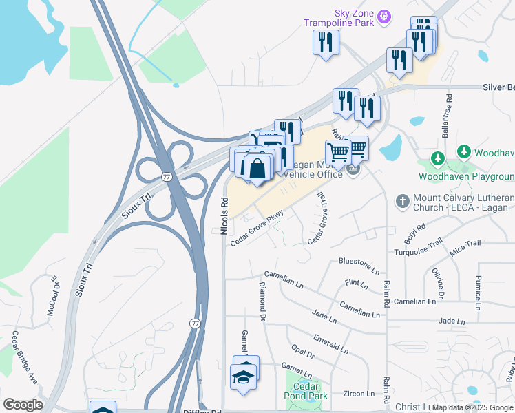 map of restaurants, bars, coffee shops, grocery stores, and more near 3992 Sibley Memorial Highway in Eagan