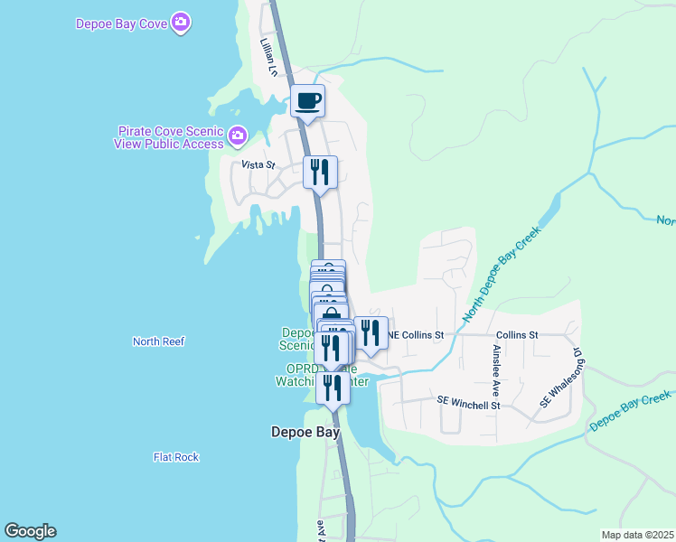 map of restaurants, bars, coffee shops, grocery stores, and more near 161 Williams Avenue in Depoe Bay