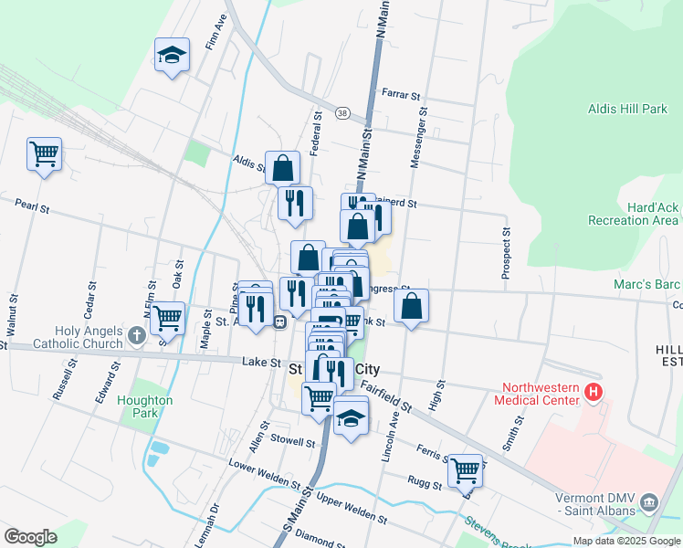 map of restaurants, bars, coffee shops, grocery stores, and more near 100 North Main Street in Saint Albans City