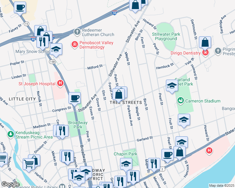map of restaurants, bars, coffee shops, grocery stores, and more near 184 Palm Street in Bangor