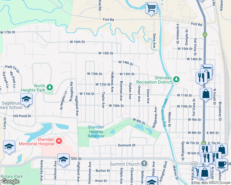 map of restaurants, bars, coffee shops, grocery stores, and more near 841 West 11th Street in Sheridan