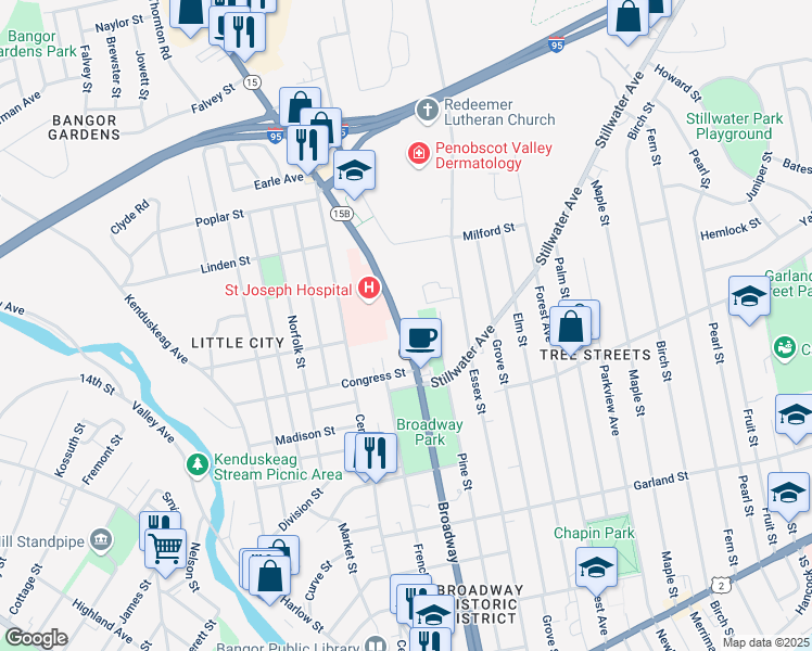 map of restaurants, bars, coffee shops, grocery stores, and more near 339 Broadway in Bangor
