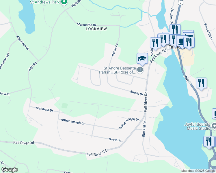 map of restaurants, bars, coffee shops, grocery stores, and more near 96 Arnold Drive in Fall River