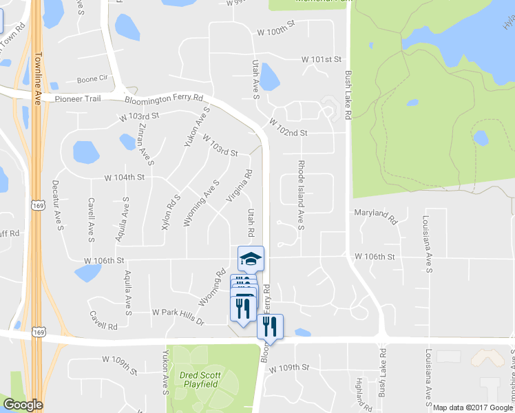 map of restaurants, bars, coffee shops, grocery stores, and more near 10425 Utah Road in Minneapolis