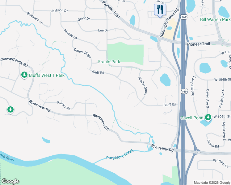 map of restaurants, bars, coffee shops, grocery stores, and more near 10470 White Tail Crossing in Eden Prairie
