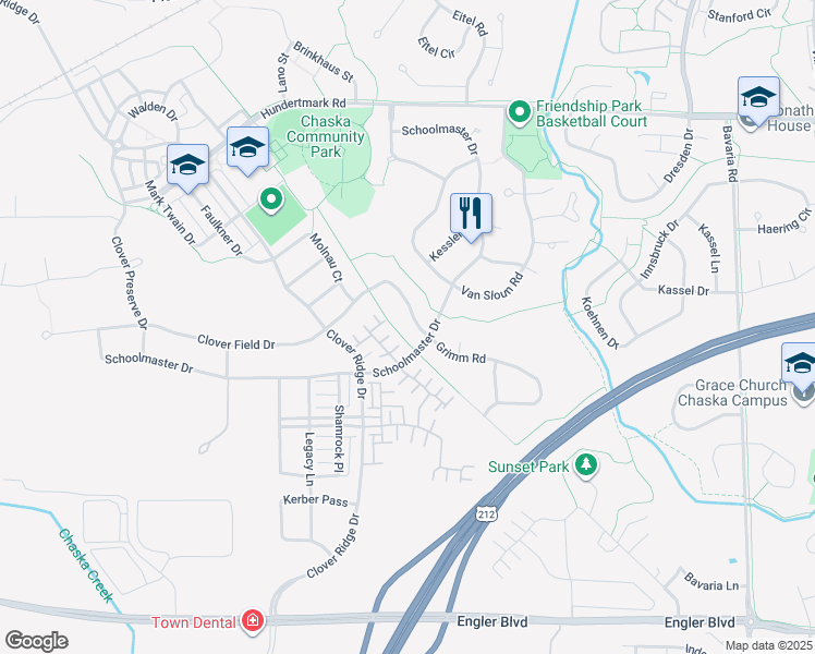map of restaurants, bars, coffee shops, grocery stores, and more near 2179 Grimm Road in Chaska
