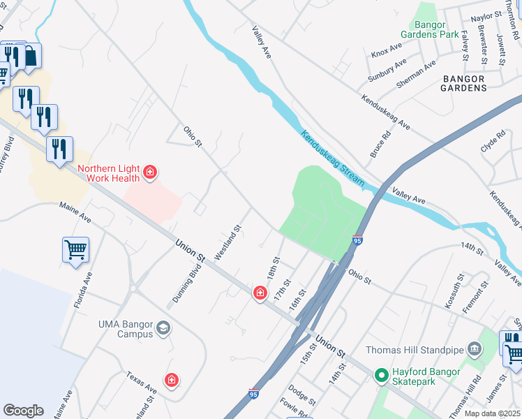 map of restaurants, bars, coffee shops, grocery stores, and more near 611 Ohio Street in Bangor