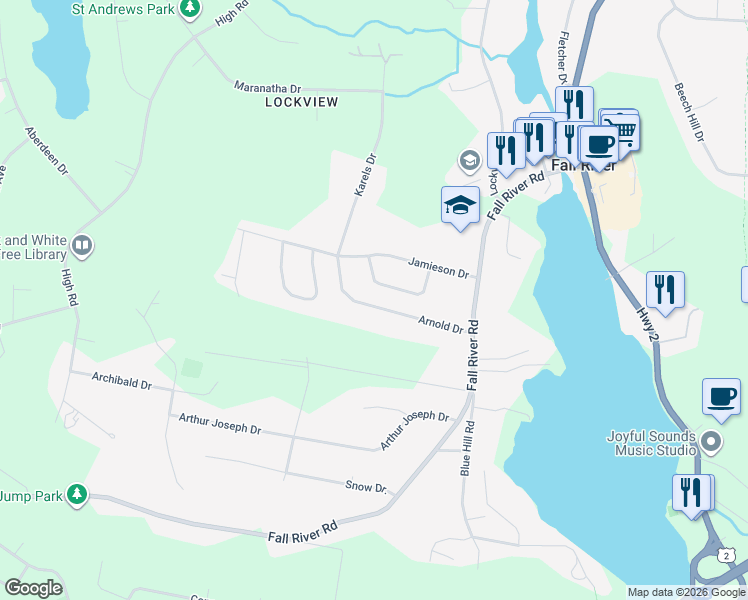 map of restaurants, bars, coffee shops, grocery stores, and more near 73 Fall River Road in Fall River