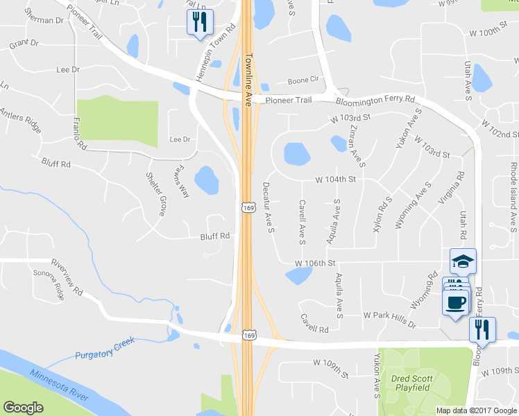 map of restaurants, bars, coffee shops, grocery stores, and more near 10452 Decatur Avenue South in Minneapolis