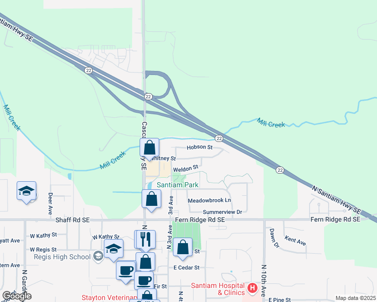 map of restaurants, bars, coffee shops, grocery stores, and more near 520 Hobson Street in Stayton