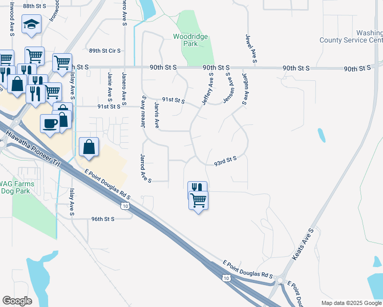 map of restaurants, bars, coffee shops, grocery stores, and more near 9258 Jeffery Avenue South in Cottage Grove