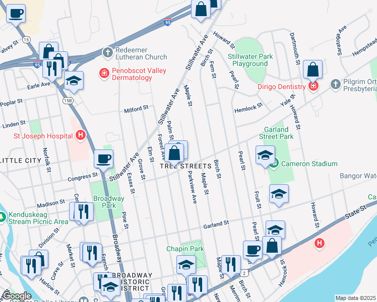 map of restaurants, bars, coffee shops, grocery stores, and more near 245 Parkview Avenue in Bangor