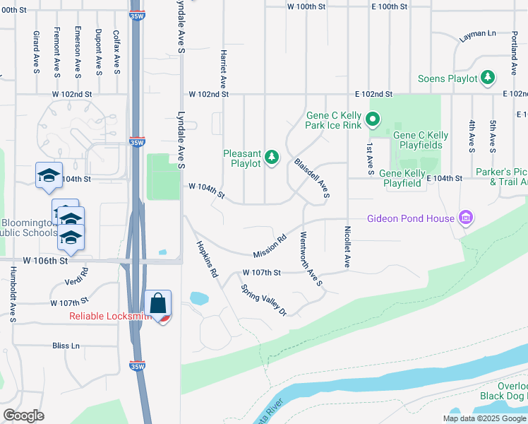 map of restaurants, bars, coffee shops, grocery stores, and more near 301 West 104th Street in Minneapolis