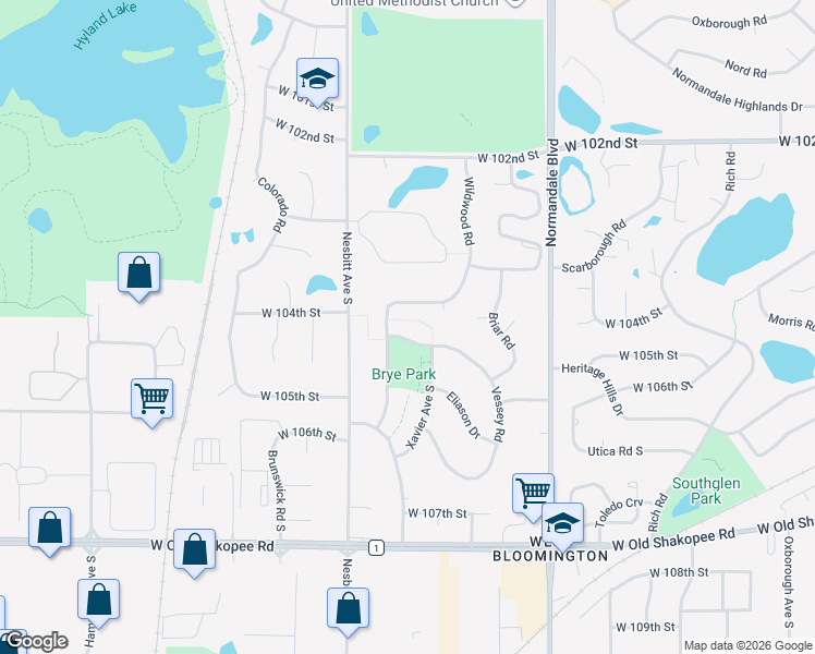 map of restaurants, bars, coffee shops, grocery stores, and more near 10441 Vessey Road in Bloomington