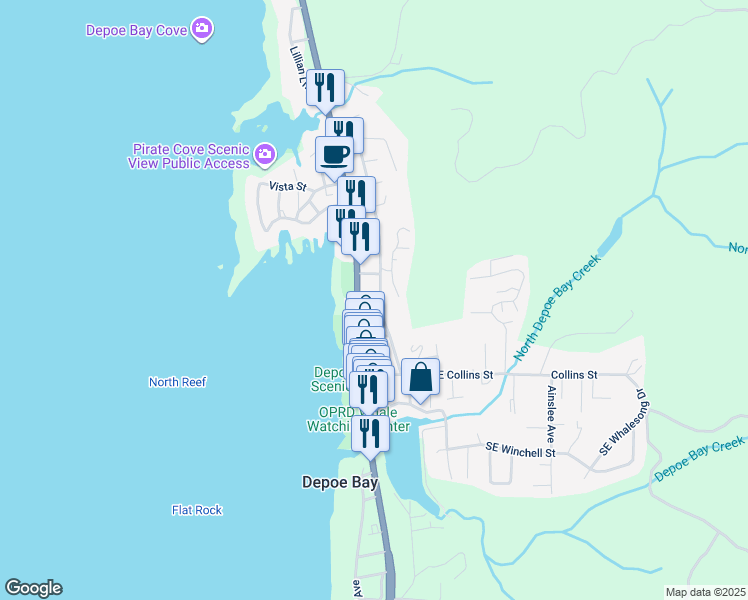 map of restaurants, bars, coffee shops, grocery stores, and more near 161 Williams Avenue in Depoe Bay