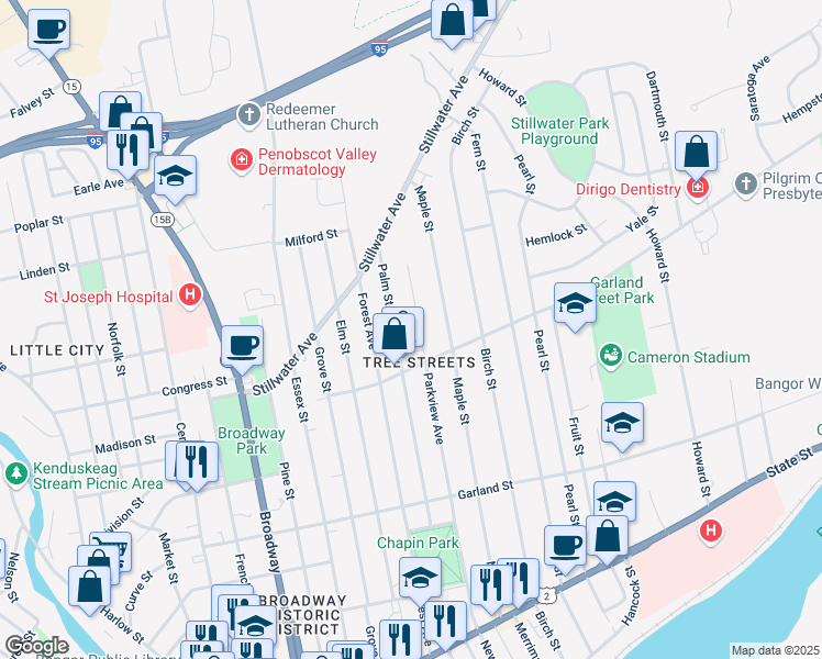 map of restaurants, bars, coffee shops, grocery stores, and more near 245 Parkview Avenue in Bangor