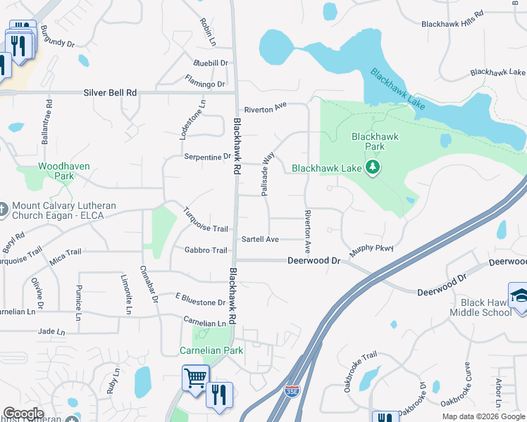 map of restaurants, bars, coffee shops, grocery stores, and more near 3941 Palisade Way in Eagan