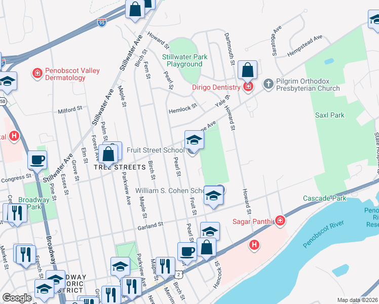 map of restaurants, bars, coffee shops, grocery stores, and more near 175 Fruit Street in Bangor