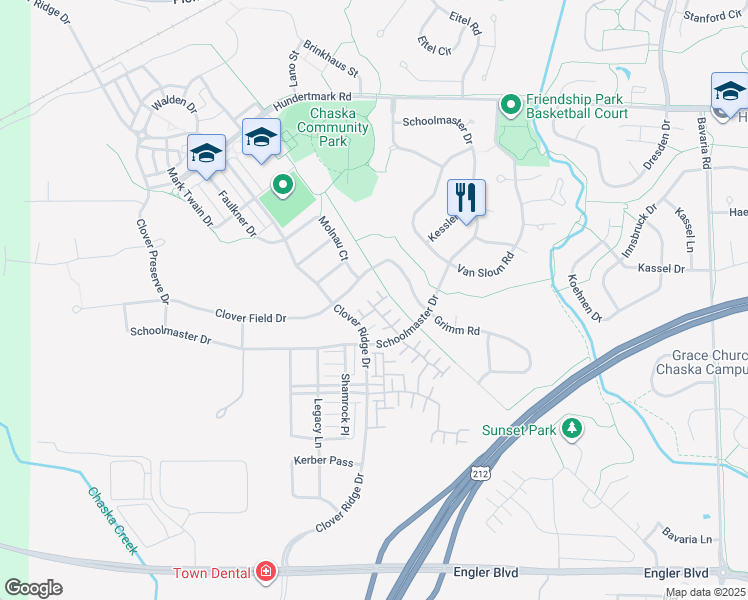 map of restaurants, bars, coffee shops, grocery stores, and more near 2150 Stahlke Way in Chaska