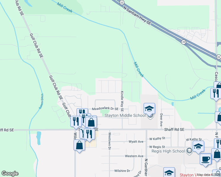 map of restaurants, bars, coffee shops, grocery stores, and more near 2130 Nighthawk Avenue in Stayton