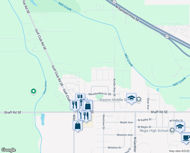 map of restaurants, bars, coffee shops, grocery stores, and more near 2135 Pheasant Avenue in Stayton