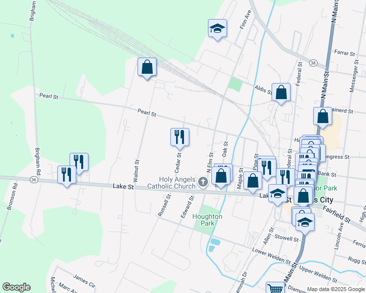 map of restaurants, bars, coffee shops, grocery stores, and more near 39 Cedar Street in Saint Albans City