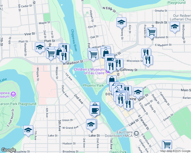 map of restaurants, bars, coffee shops, grocery stores, and more near 205 North Dewey Street in Eau Claire
