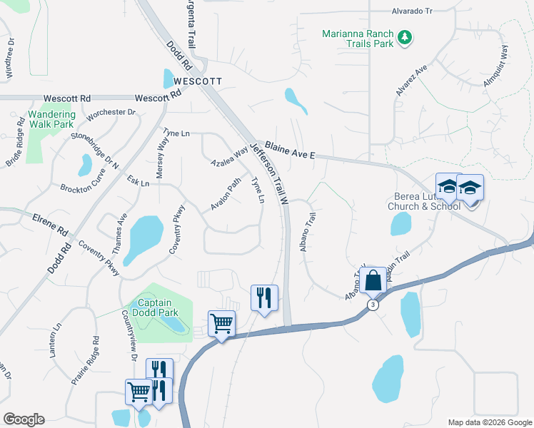 map of restaurants, bars, coffee shops, grocery stores, and more near 9342 Tyne Lane in Inver Grove Heights