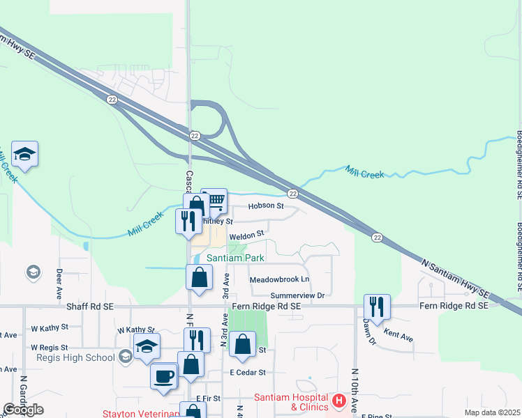 map of restaurants, bars, coffee shops, grocery stores, and more near 520 Hobson St in Stayton