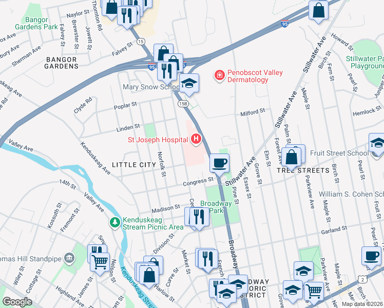 map of restaurants, bars, coffee shops, grocery stores, and more near 360 Broadway in Bangor