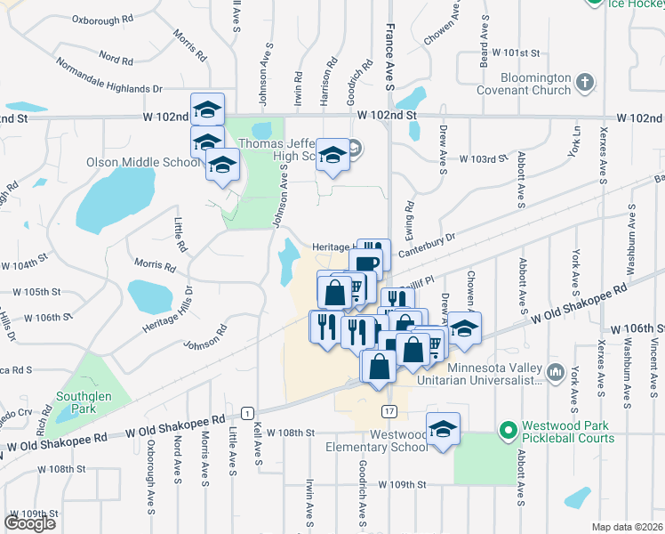 map of restaurants, bars, coffee shops, grocery stores, and more near 3909 Heritage Hills Drive in Bloomington