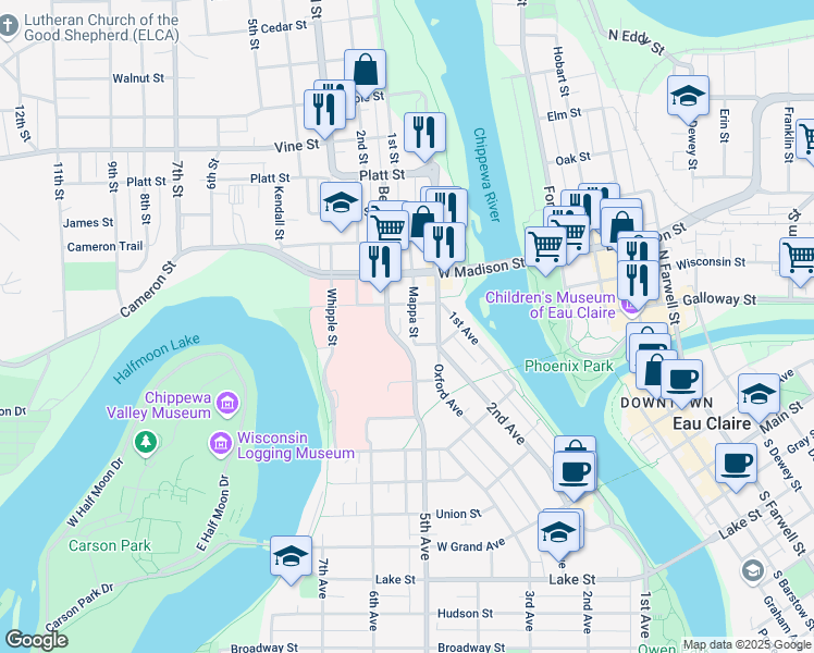 map of restaurants, bars, coffee shops, grocery stores, and more near 1418 Mappa Street in Eau Claire
