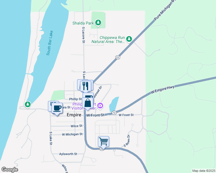 map of restaurants, bars, coffee shops, grocery stores, and more near Ottawa Street in Empire