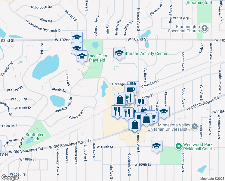map of restaurants, bars, coffee shops, grocery stores, and more near 4009 Heritage Hills Drive in Minneapolis