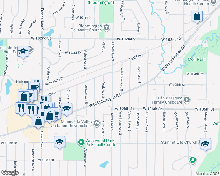 map of restaurants, bars, coffee shops, grocery stores, and more near 10440 Xerxes Avenue South in Minneapolis