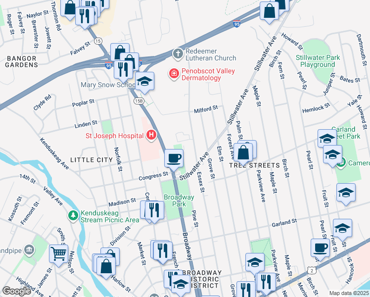 map of restaurants, bars, coffee shops, grocery stores, and more near 381 Pine Street in Bangor
